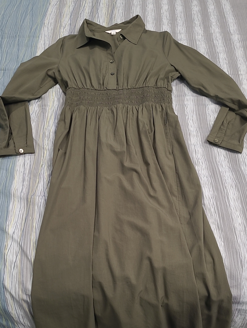 Time and Tru Olive Green Long Sleeve Smocked-Waist Collared Dress